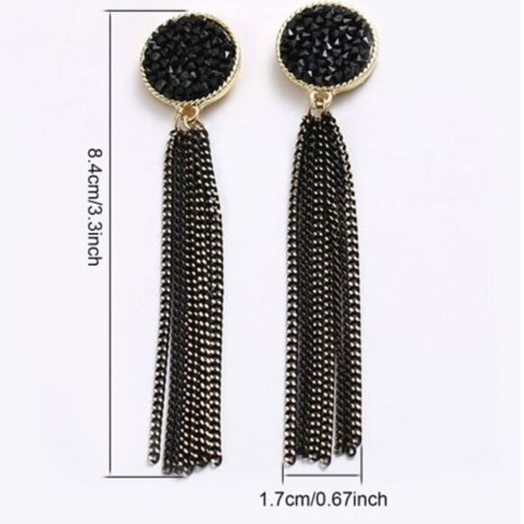 💎63💎 Modern Black Druzy with Long Black Chain Tassel Stud Earrings … - Picture 13 of 16